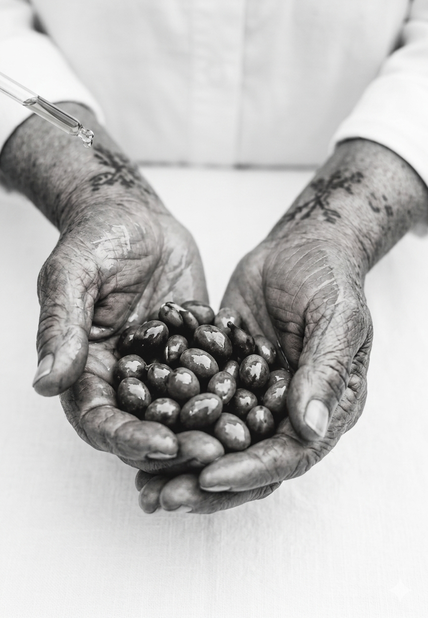 Amazigh grandmother hands holding freshly harvested Picholine Marocaine olives